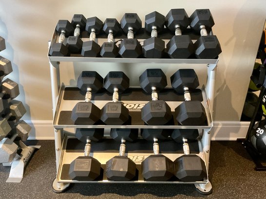A Large Set Of Dumbbell Free Weights With Storage Rack By Hoist