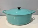 Rare Vintage Le Creuset Cast Iron Enamel Turquoise Lidded Oval Dutch Oven (1-2)