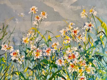 Spring Has Sprung!Over 3 Foot Square  Mid Century Painting Of Daffodils On The Water, Signed