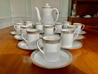 Royal Doulton Athens Pattern White With Aqua And Gold  Demitasse Cups, Saucers & Coffee Pot