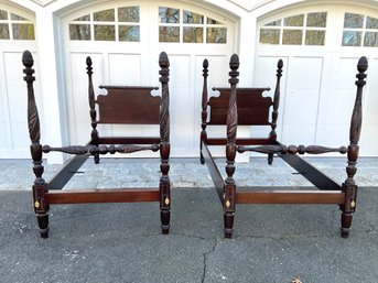 A Pair Of Antique Hand Carved Mahogany Four Poster Twin Beds, Circa 1850