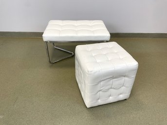 A Modern Tufted Leatherette Bench And Cube