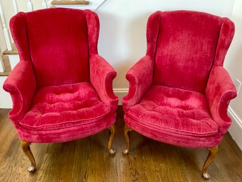 Pair Of Queen Anne Style Upholstered Wing Back Chairs