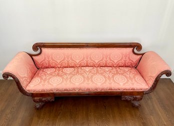 Classical Carved Mahogany Sofa In Silk Fabric, 19th Century