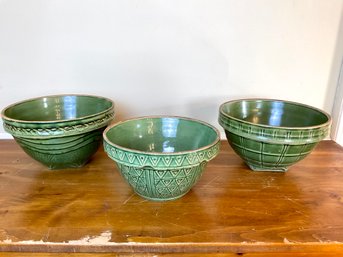 A Group Of Vintage Green Glazed Mixing Bowls
