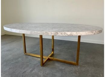 A Contemporary Oval Marble Style And Gold Metal Dining Table