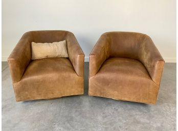 A Pair Of Italian Shelter Arm Leather Swivel Chairs By Restoration Hardware