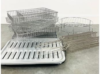 A Collection Wire Kitchen Organizers Together With Roasting Pan And Grilling Baskets, 10 Pieces