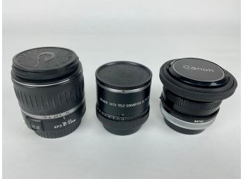 A Canon Len 50mm, Canon Zoom Lens 18-55mm And Soligor Auto Tele Converter 3X Lens