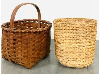 An Antique Splint Wood Basket Together With A Sea Grass Basket