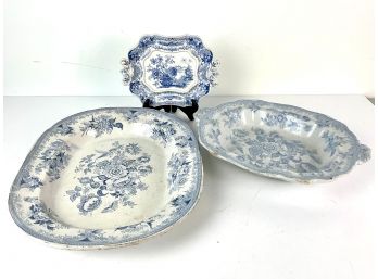 An Assortment Of Antique Blue And White Transferware Platters, 3 Pieces