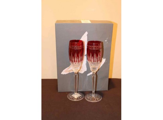 Pair Of NEW IN BOX Waterford Clarendon Ruby Crystal Champagne Glasses
