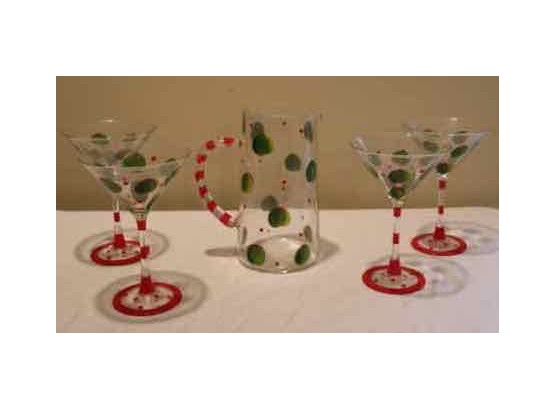Hand Painted Olives On 4 Martini Glasses And 1 Pitcher
