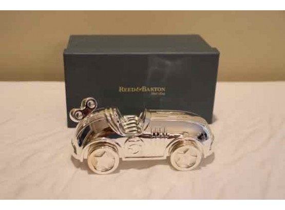 REED & BARTON SILVER PLATED RACE CAR COIN BANK.MINT IN BOX