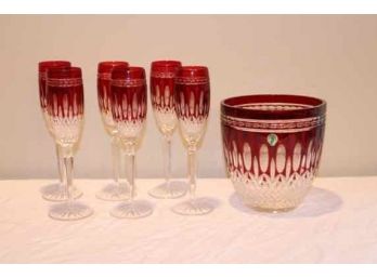 6 WATERFORD CRYSTAL Clarendon Ruby  Champaign Flutes And Ice Bucket MINT!