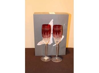 Pair Of NEW IN BOX Waterford Clarendon Ruby Crystal Champagne Glasses