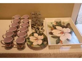 Plastic Outdoor Floral Desert Set 2 Serving Trays Coffee Cups Glasses And Plates