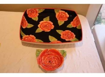 Clay Art Hand Painted Rose Serving Tray And Bowl