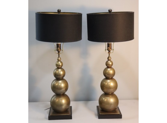 Pair Of E.f. Chapman Antiqued Brass Stacked Balls Table Lamp For Visual Comfort