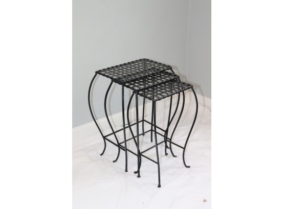 Set Of 3 Black Wrought Iron Nesting Tables W Metal Basket Weave Tops