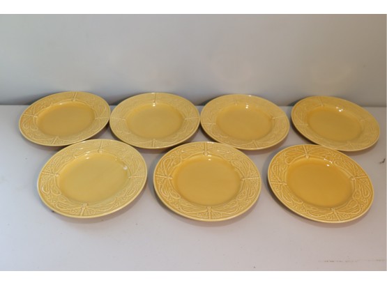 Set Of 7 BORDALLO PINHEIRO Majolica Pottery Dragon Fly Yellow Plates