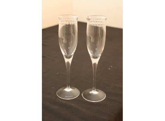 Pair Of Tiffany & Co Crystal Champagne Flutes Glasses
