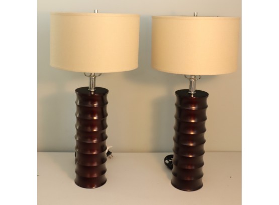 Pair Of Wood Orbit Table Lamps Restoration Hardware Shades