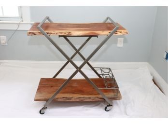 Wood Slab And Iron Rolling Bar Cart