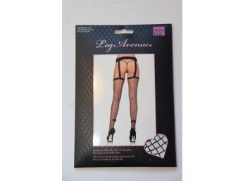 NEW In Package Leg Avenue Fishnet Back Seam With Ankle Bow W Garter Belt One Size