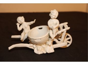 Vintage Cherub Wheel Barrow Porcelain White Figurine