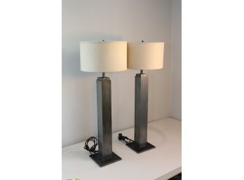 Pair Of  Restoration Hardware Brass Square Column Table Lamps