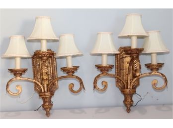 Pair Of 3 Light Candelabra Sconces With Shades