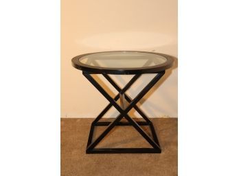 ROUND WOOD W GLASS TOP TABLE