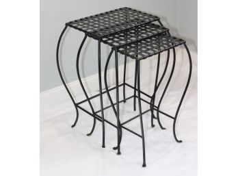 Set Of 3 Black Wrought Iron Nesting Tables W Metal Basket Weave Tops Set 2