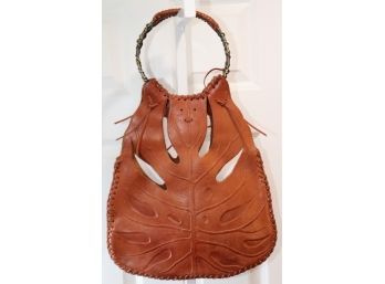 Brown Leather Tote Bag Purse W Cutouts