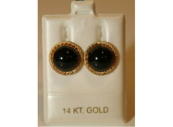14K Yellow Gold & Black Onyx Half Round Rope Trim Pierced Earrings 4.4g