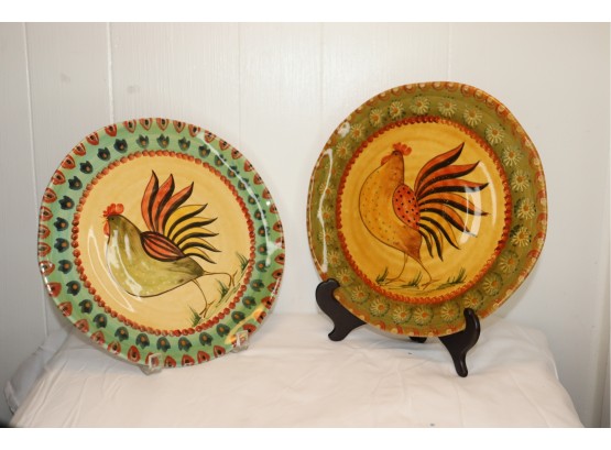 Pair Of Horchow Rooster Ceramic Cock Plates Hand Painted ITALY