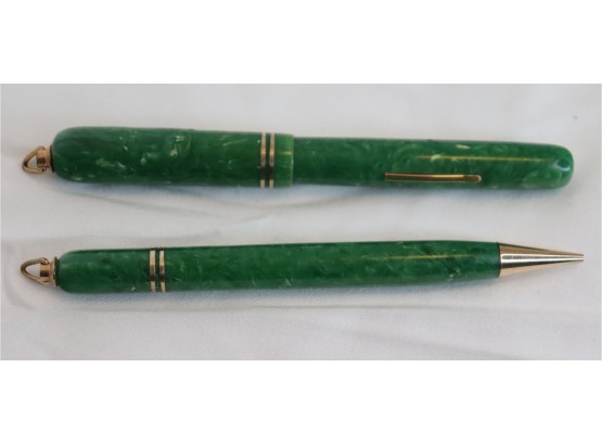 Vintage Marble Green Fountain Pen And Pencil Set Warranted 14k Nib