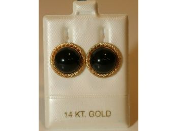 14K Yellow Gold & Black Onyx Half Round Rope Trim Pierced Earrings 4.4g