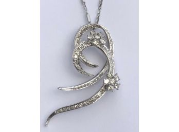 14K White Gold Necklace With Diamond Ribbon Floral Cluster Pendant