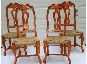 SET OF 4 VINTAGE RUSTIC QUEEN ANNE STYLE DINING CHAIR W/ WOVEN SEAT