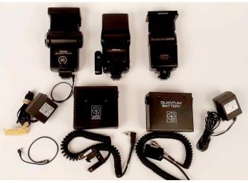 Lot Of External Camera Flash Units And 2 Older Quantum Batteries