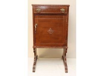 Vintage Wood Side Table With Drawer And Locking Door
