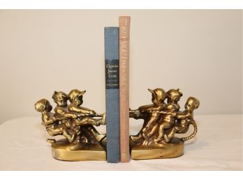 Vintage PM Craftsman Brass Bookends 3 Boys Playing Tug Of War
