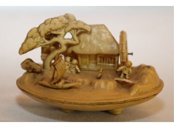 Vintage Miniature Clam Shell Village Scene Old Water MIll