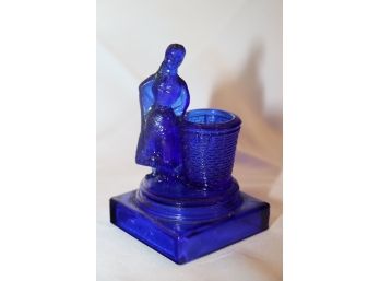 Vintage Cobalt Blue Glass Woman With  Basket Toothpick Holder