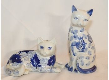 Blue And White Ceramic Cat Figurine And Coin Bank