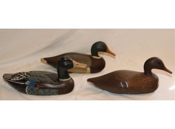 3 Vintage Wooden Mallard Duck Decoys All Signed