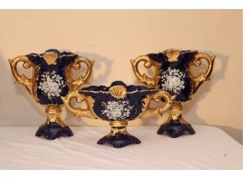 Vintage 2 Pice Cobalt Blue And Gold Floral Painted Flower Vases