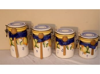 Set Of 4 Sundance Ceramic Canister Jars With Wooden Spoons